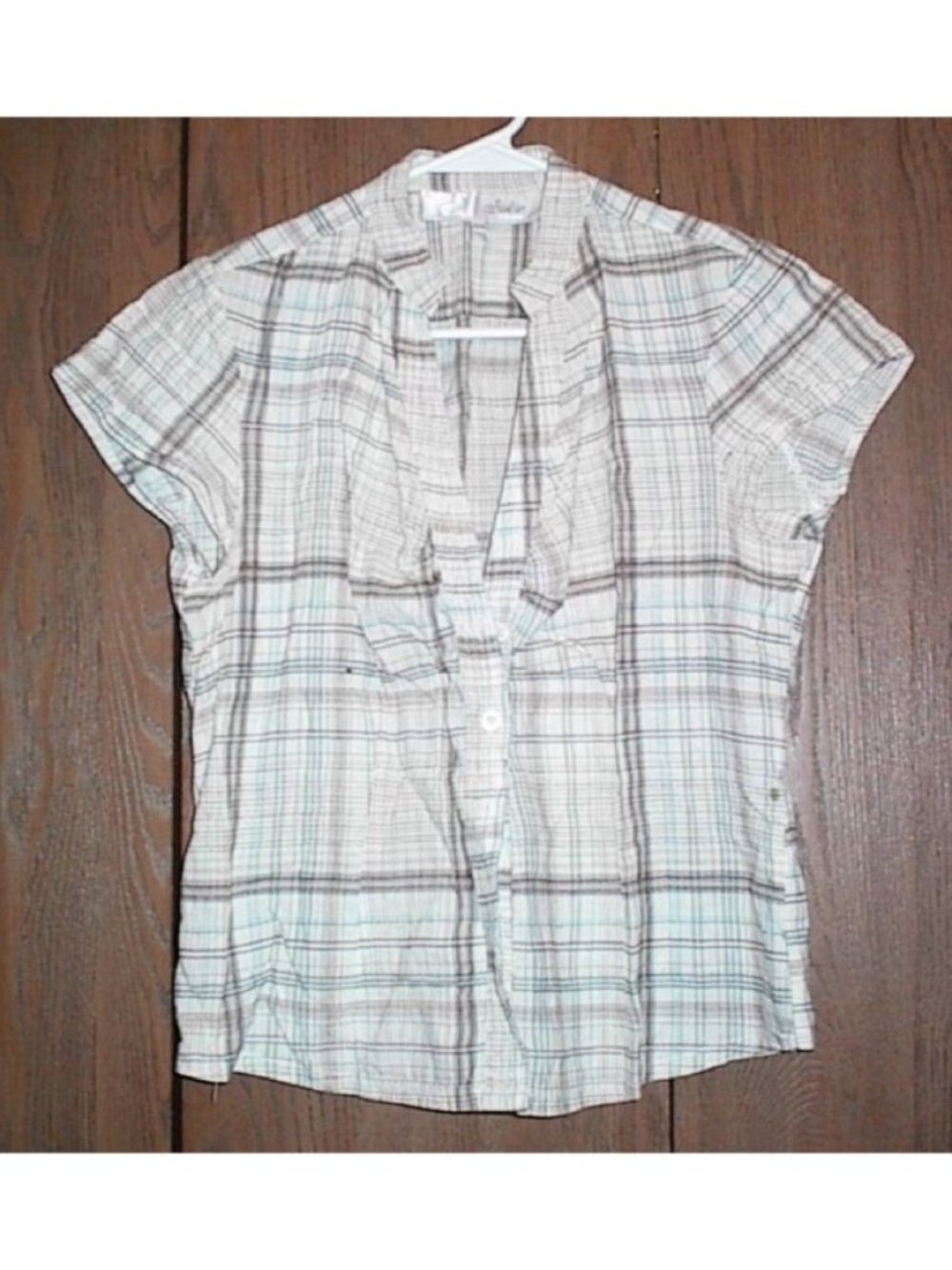 Light Plaid Button-Front Cap-Sleeve Blouse - White and Brown *read